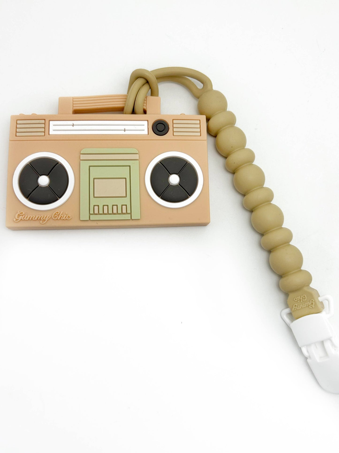 Silicone Boom Box Teether with Clip - Oatmeal