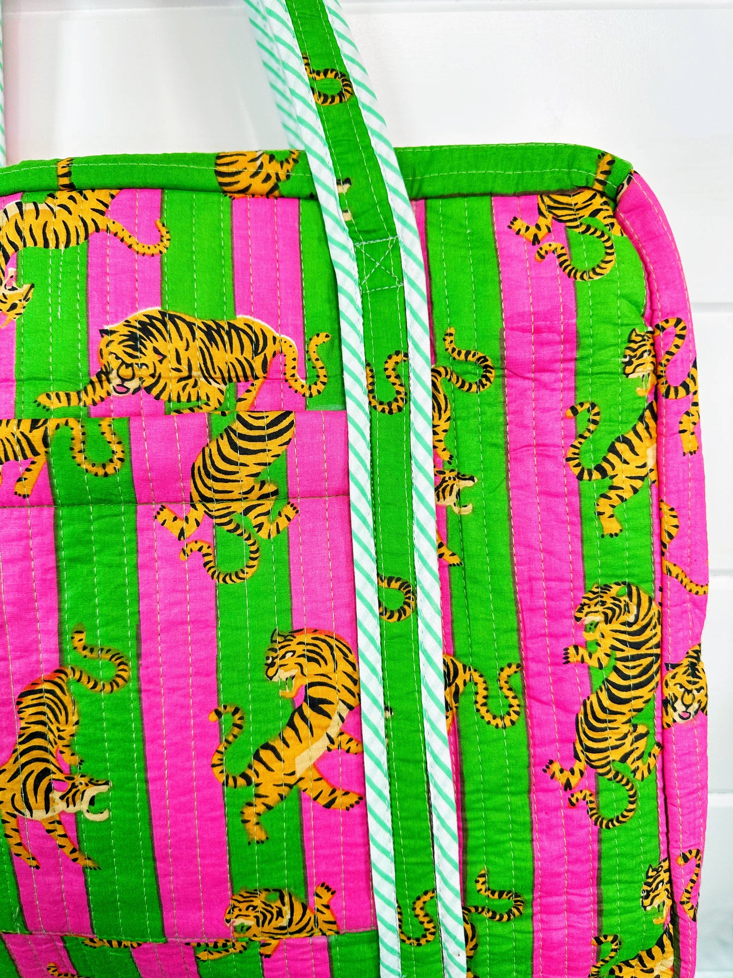 Pink & Green Handmade Quilted Tiger Print Duffle