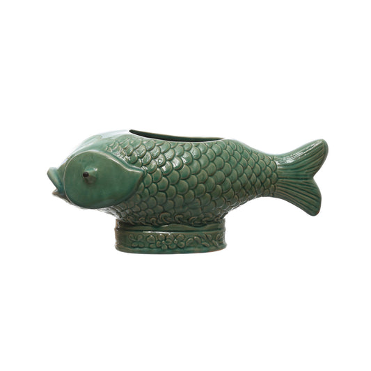 Debossed Stoneware Fish Planter (Holds 7" Pot) (Each One Will Vary)