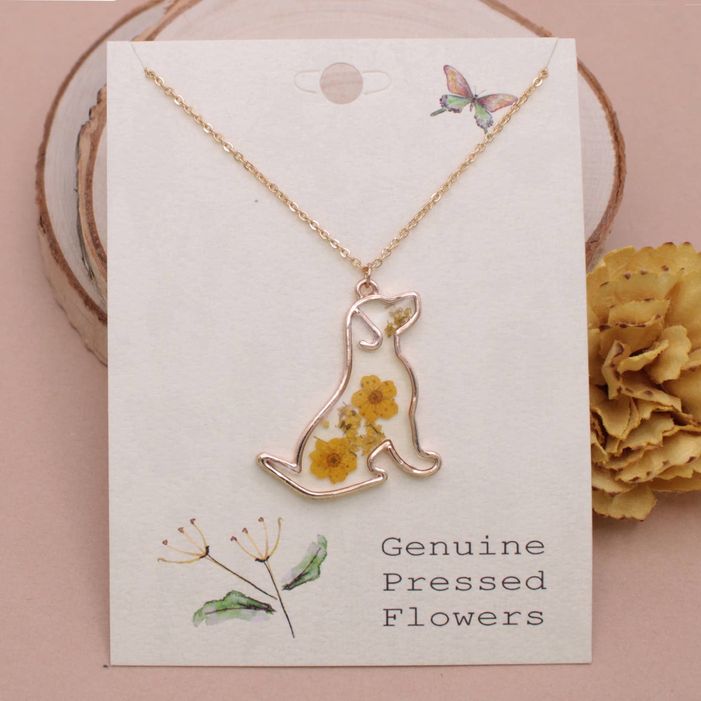 Gold Dog Dried Flower Necklace