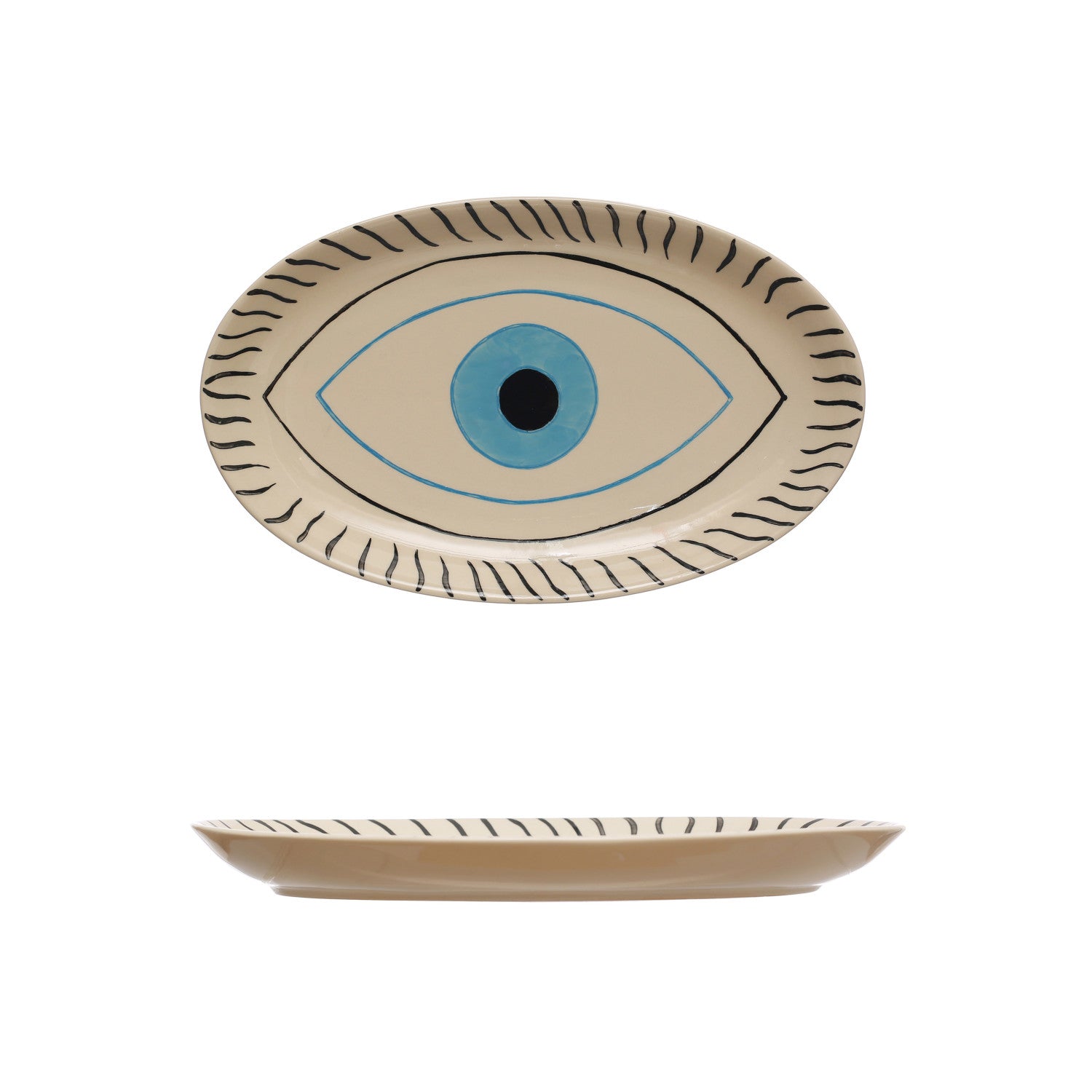 Hand-Painted Stoneware Platter w/ Evil Eye, Black & Blue