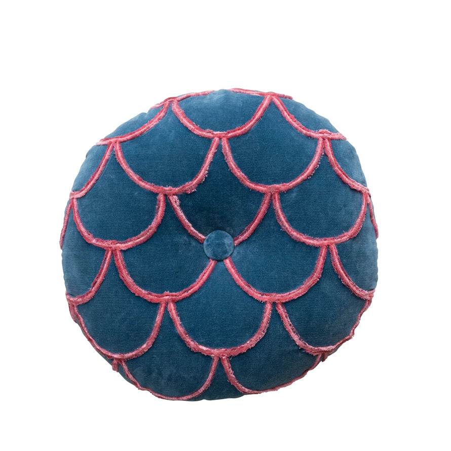 18" Round Cotton Pillow w/ Tufted Scallop Pattern
