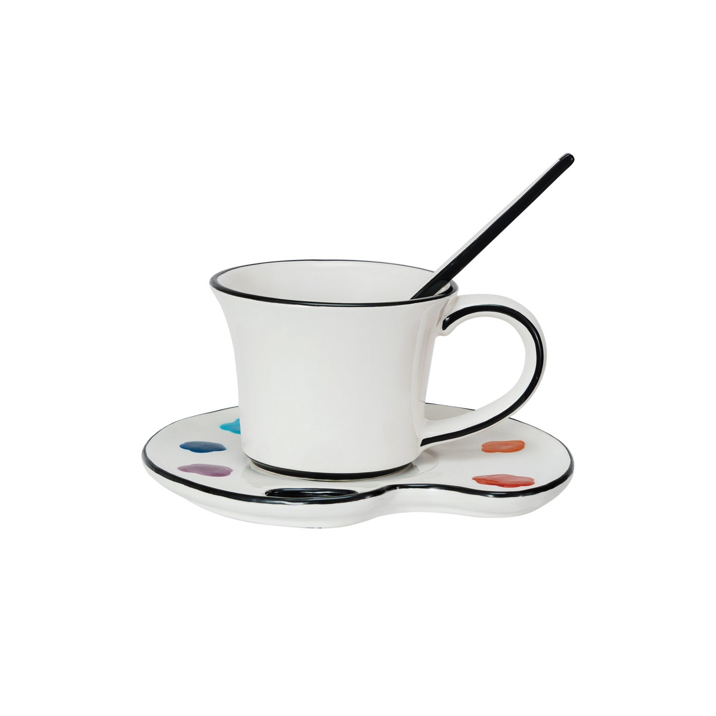 Ceramic Paint Palette Saucer w/ Teacup & Brush Shaped Stirrer, Set of 3