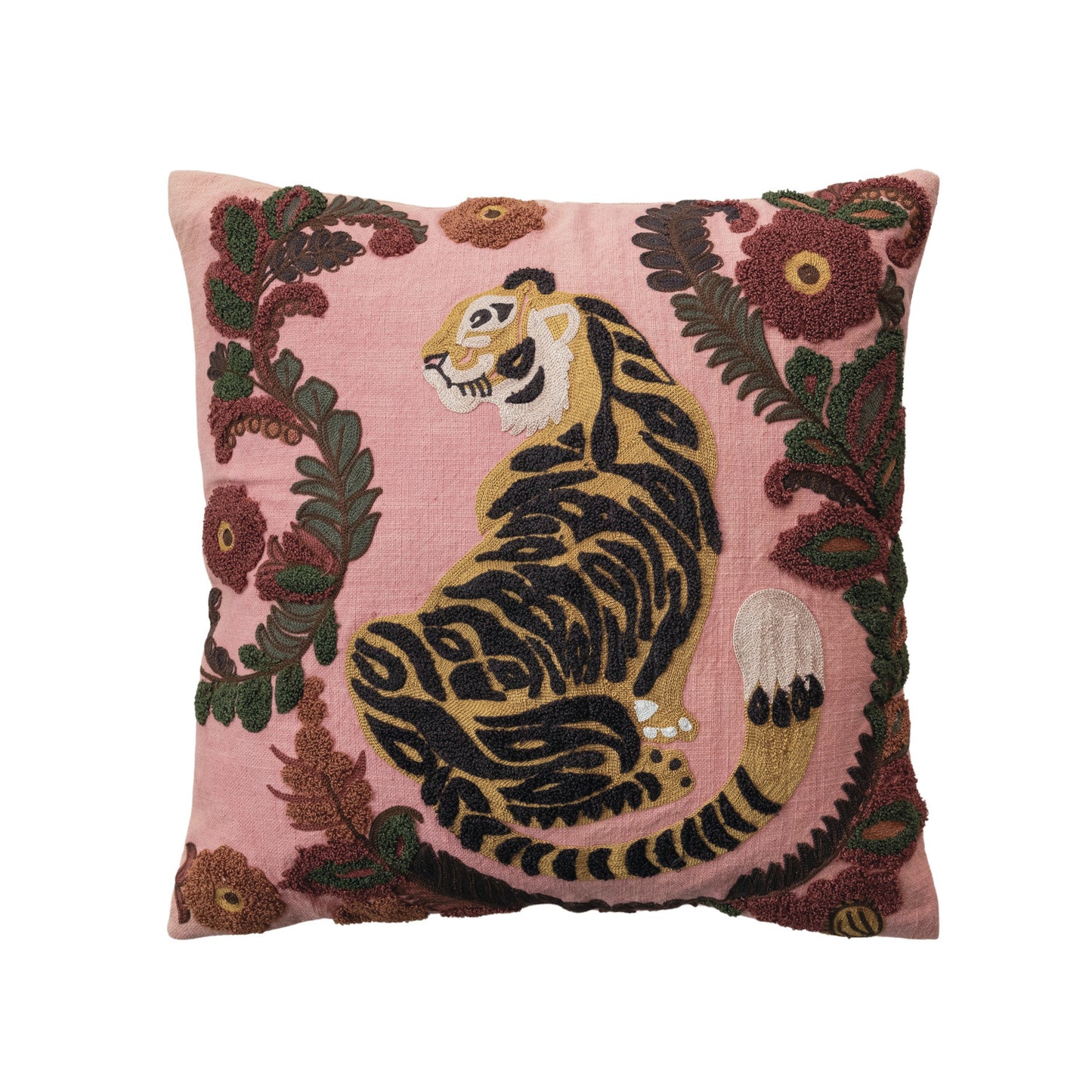 20" Square Cotton Slub Pillow w/ Embroidered Tiger & Flowers