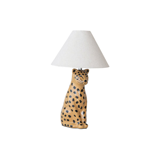 Ceramic Cheetah Table Lamp with Linen Shade & Inline Switch