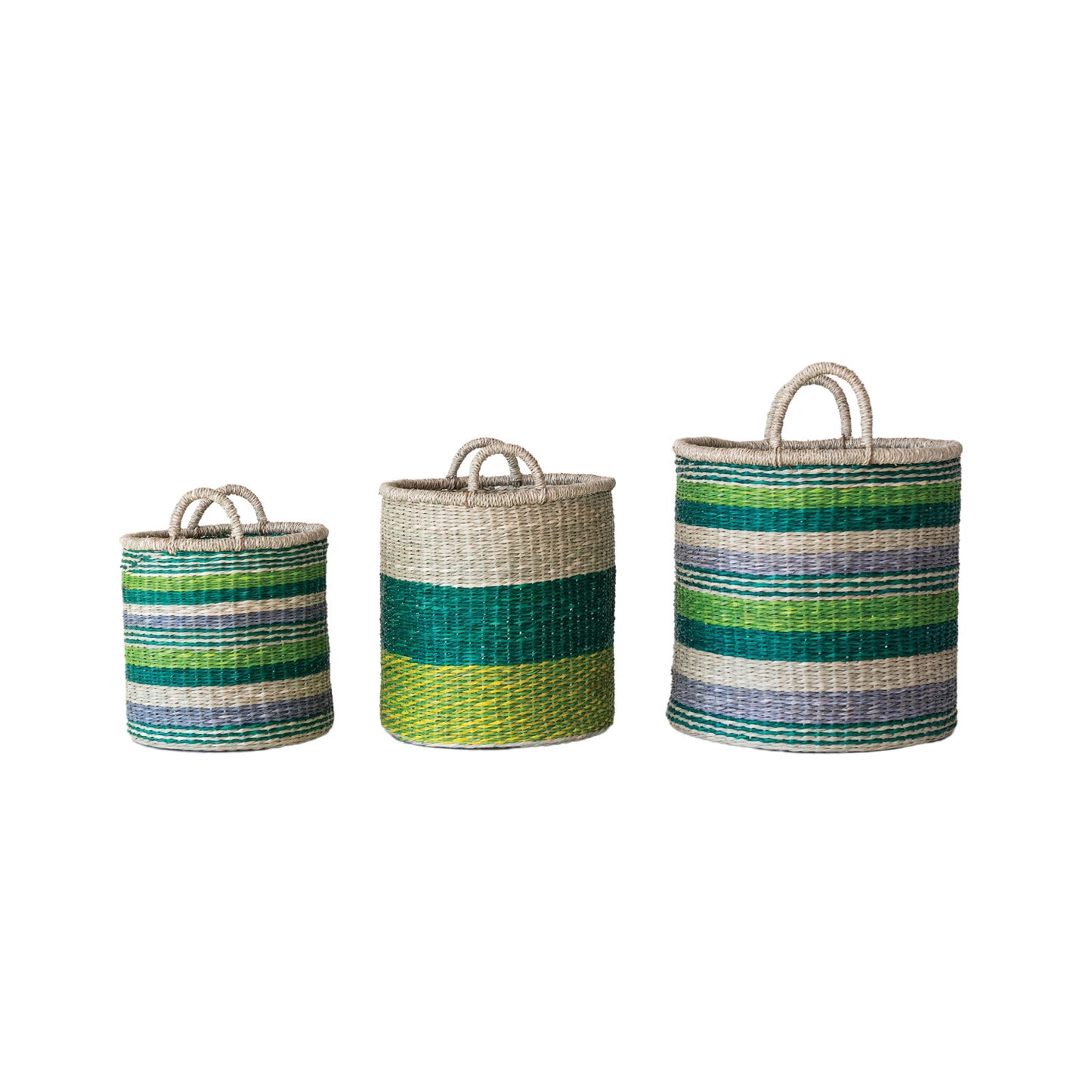 Hand-Woven Seagrass Striped Baskets with Handles, Set of 3