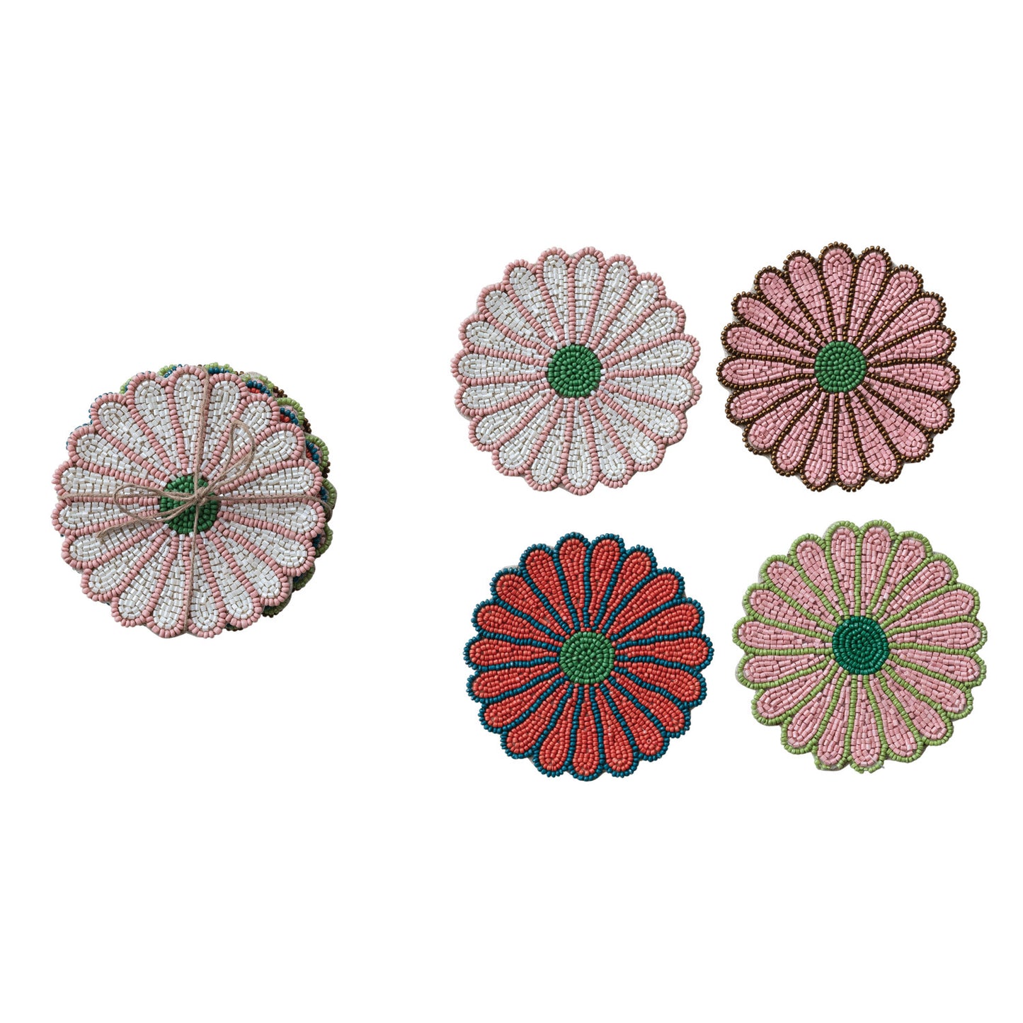 Glass Beaded Flower Shaped Coasters, Set of 4 Tied with Jute