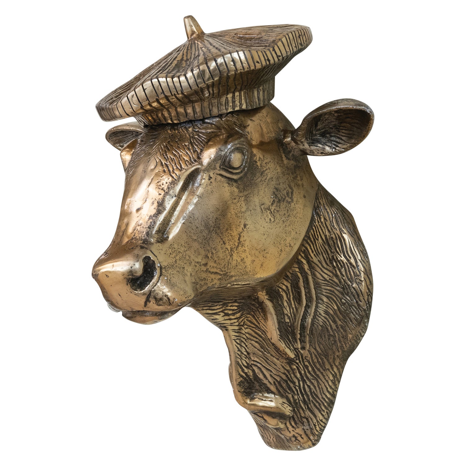 Cast Aluminum Cow Head with Beret Wall Décor, Antique Gold Finish