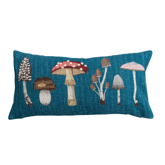 Cotton Printed Lumbar Pillow with Mushrooms & Embroidery