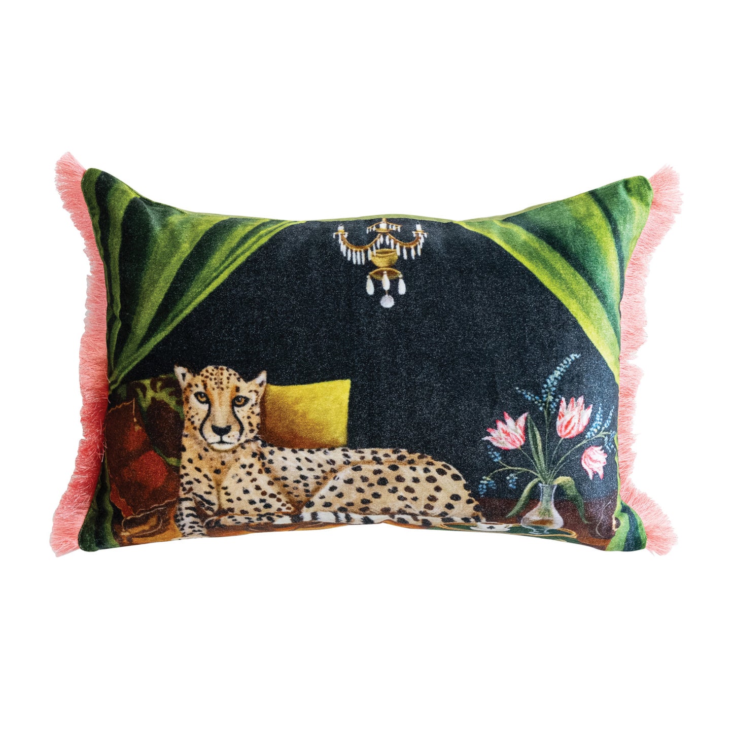 Cotton Blend Velvet Printed Lumbar Pillow with Eyelash Fringe