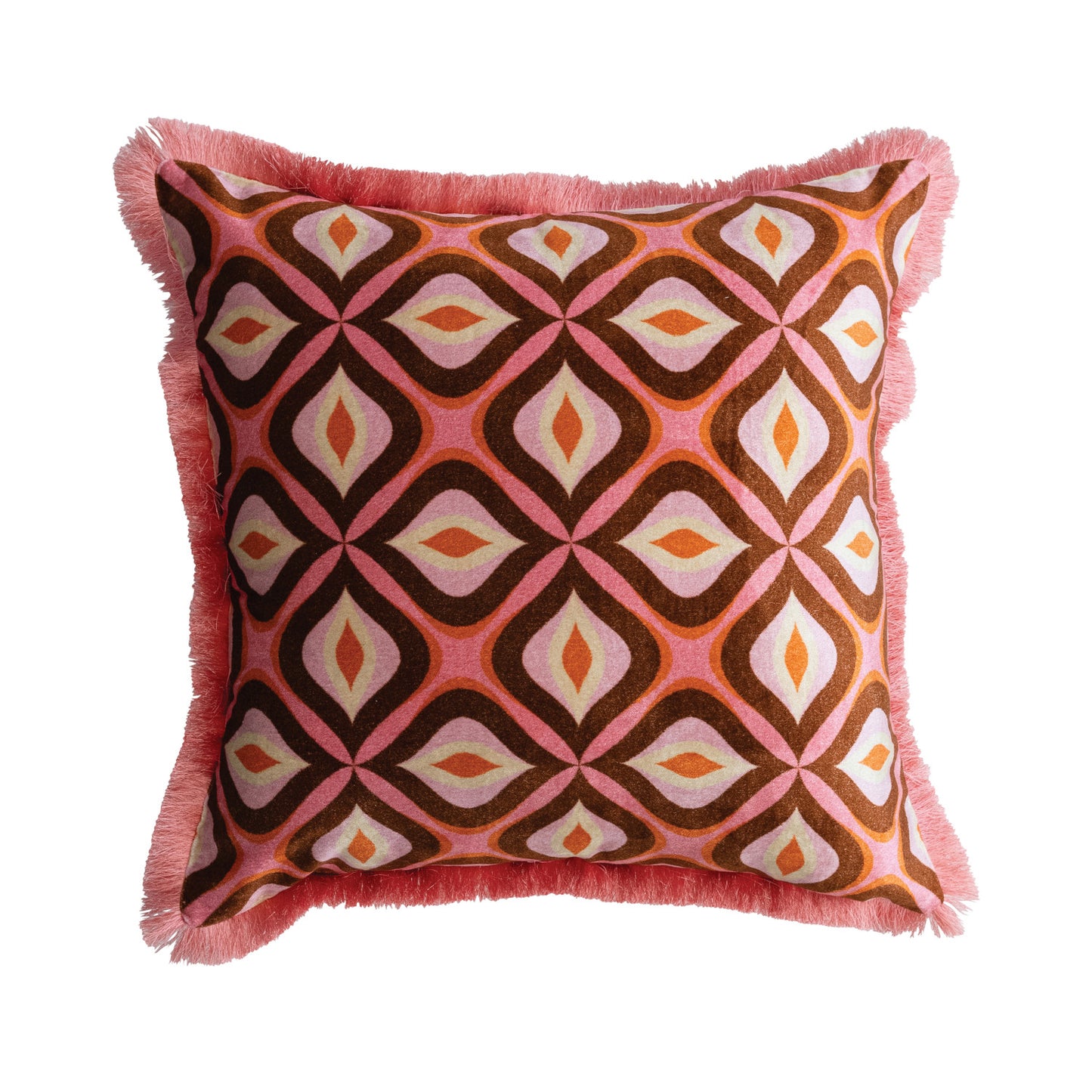 20" Square Cotton Blend Velvet Printed Pillow with Eyelash Fringe