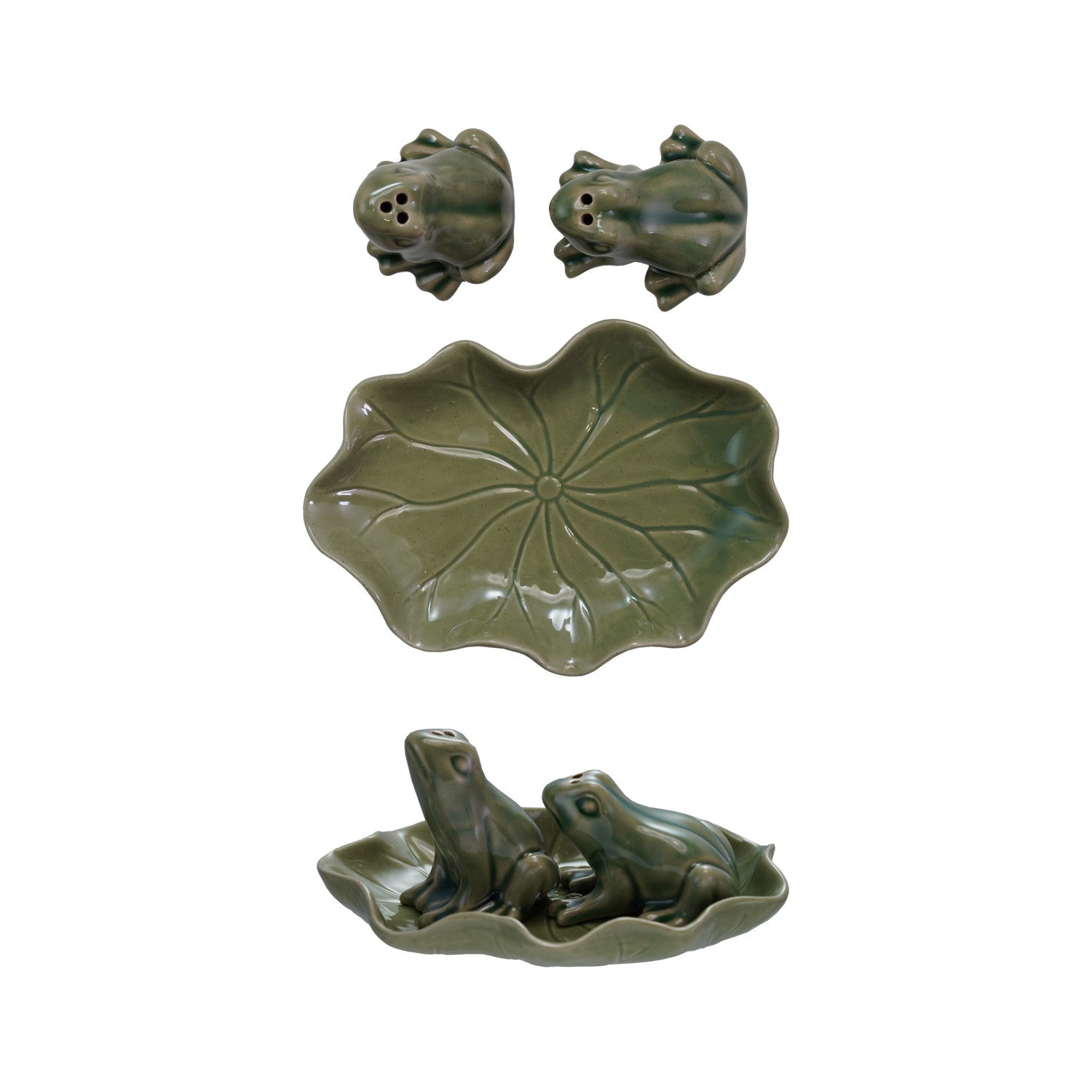 Frog Salt & Pepper Shakers with Tray, Set of 3 (Each One Will Vary)