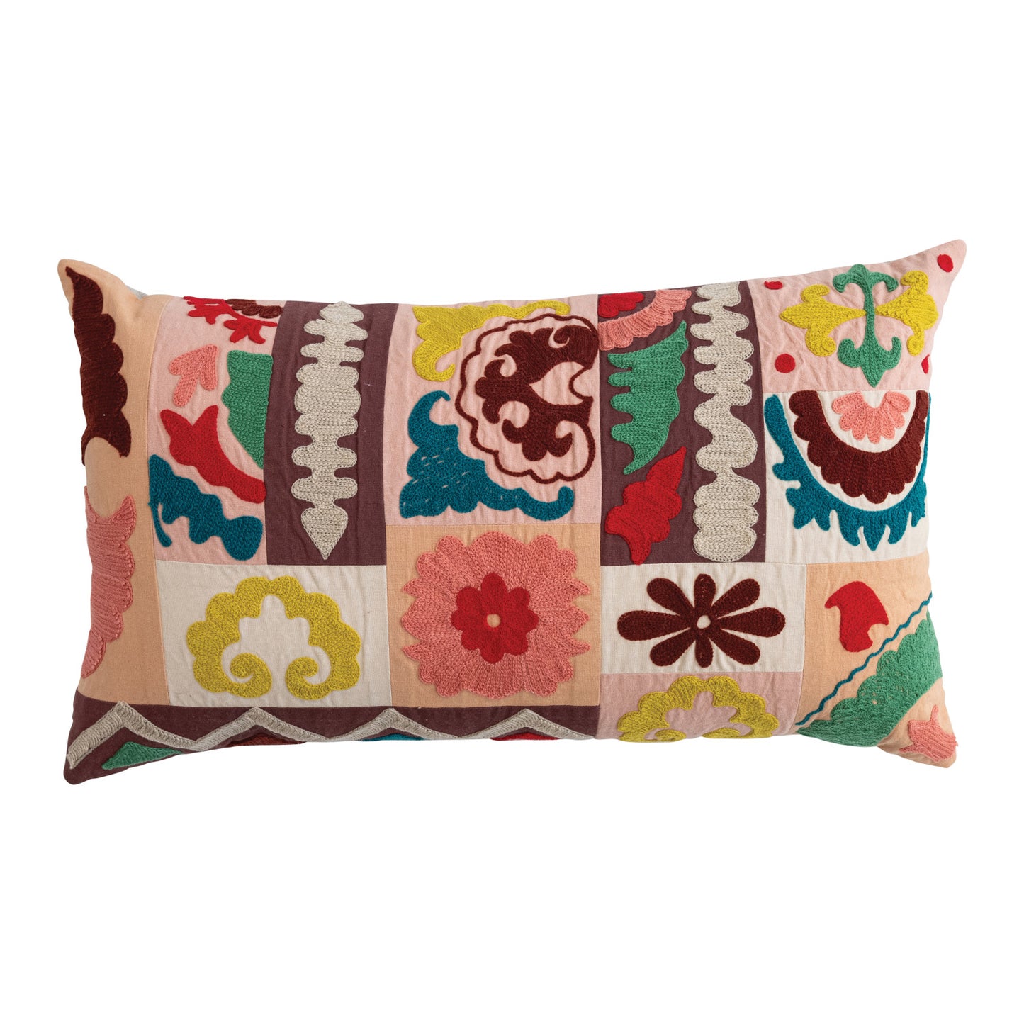 Cotton Embroidered Patchwork Lumbar Pillow with Chambray Back