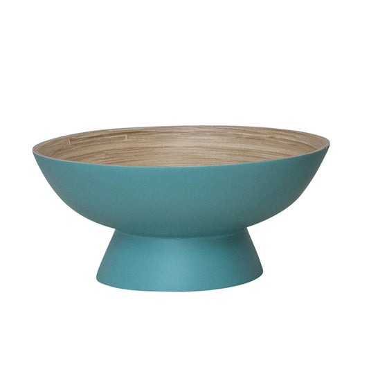 Bamboo Footed Bowl w/ Natural Finish Inside, Matte Blue