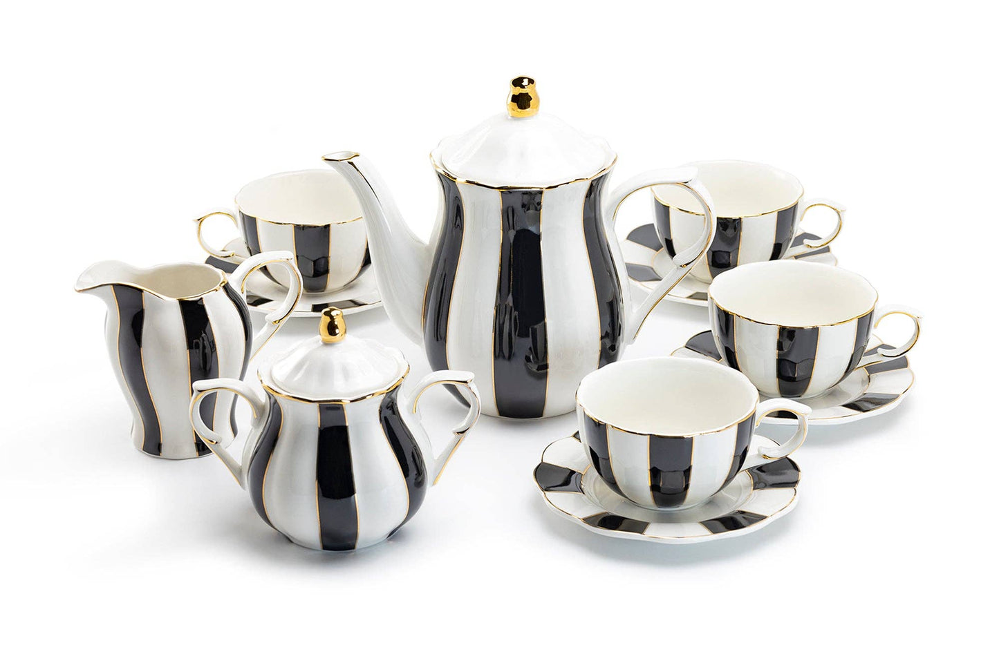 Black and White Scallop Fine Porcelain 11 Piece Tea Set