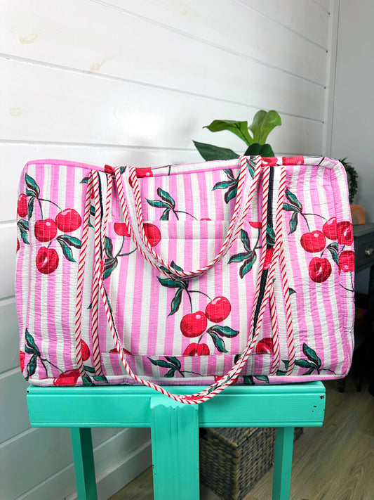 Cherry Quilted Weekender Duffle Bag