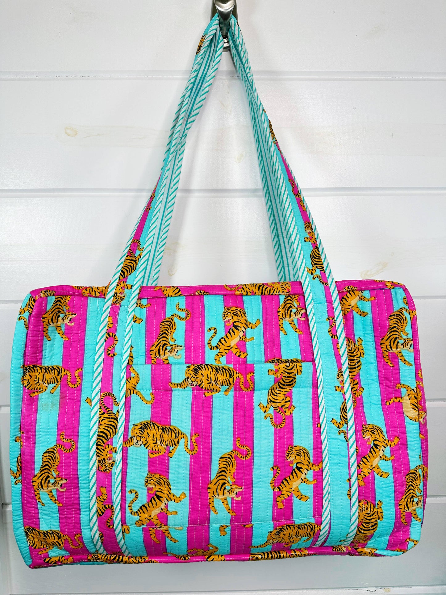 Pink & Blue Quilted Tiger Print Duffle Bag