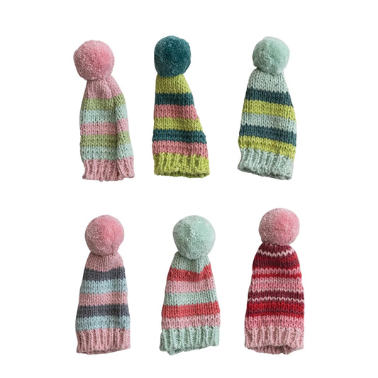 4"H Cotton Knit Hat Bottle Topper with Stripes & Pom Pom